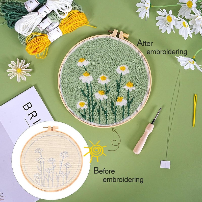 KESTAR Punch Needle Embroidery Starter Kits, Daisy Flower Punch Needle Kits for Adults Beginner, Needle Punch Kit Tool with Instruction Threader Fabric Yarns and Hoop - Image 4